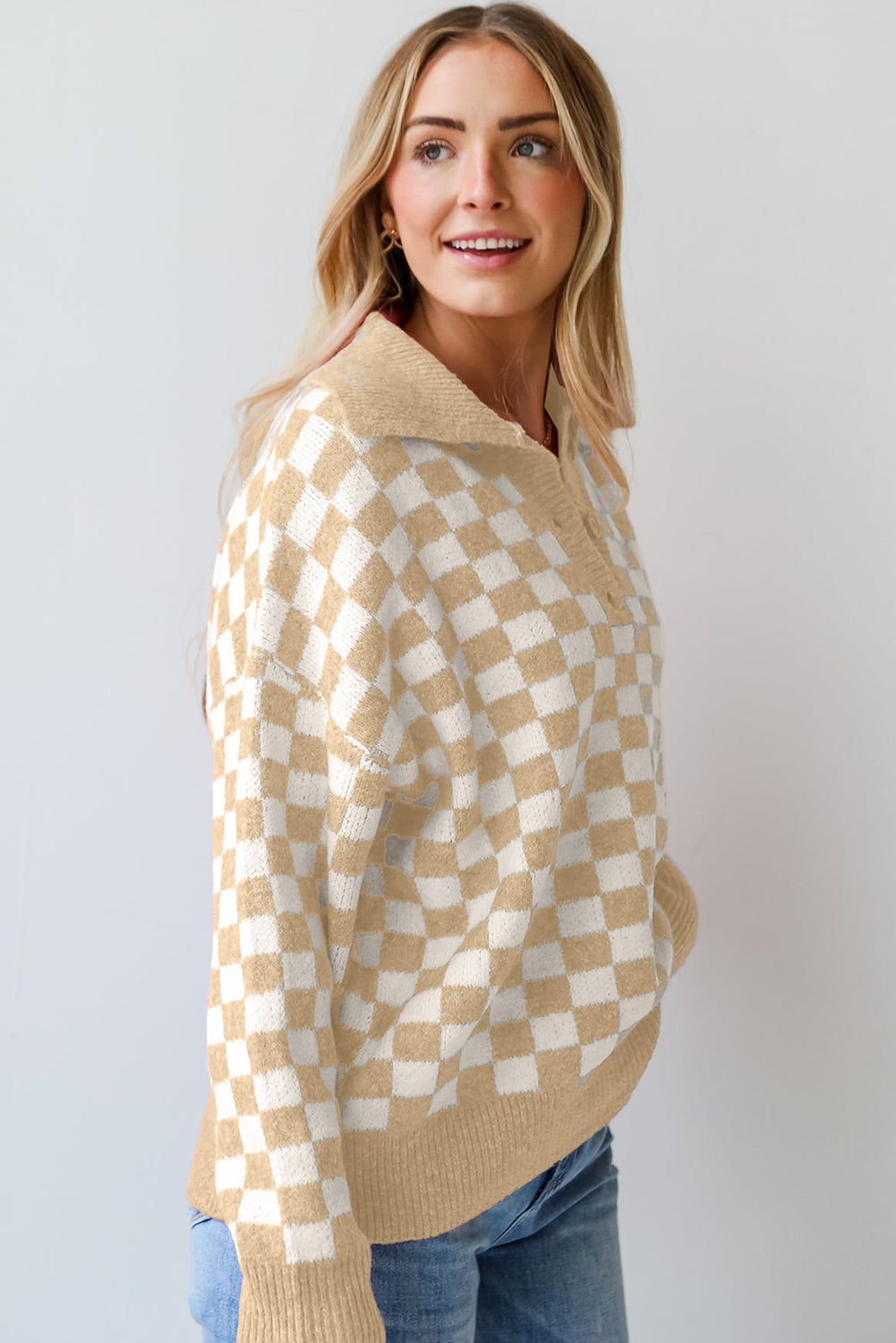 Aude - Karierter V-Ausschnitt Pullover mit Knöpfen und hängenden Schultern