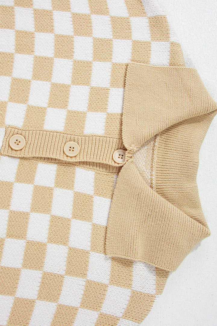 Aude - Karierter V-Ausschnitt Pullover mit Knöpfen und hängenden Schultern