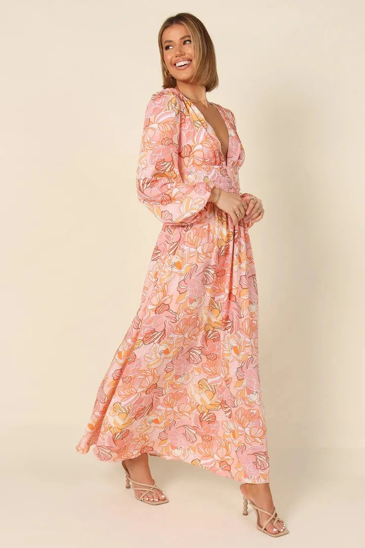 Tailliertes Midikleid mit Blumenmuster und V-Ausschnitt für Damen - Chiara