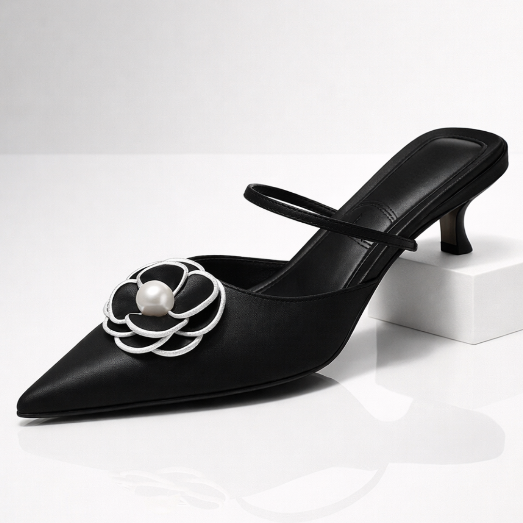 Damen Slingback-Schuh mit niedrigem Absatz und applizierter Blume - Vivienne