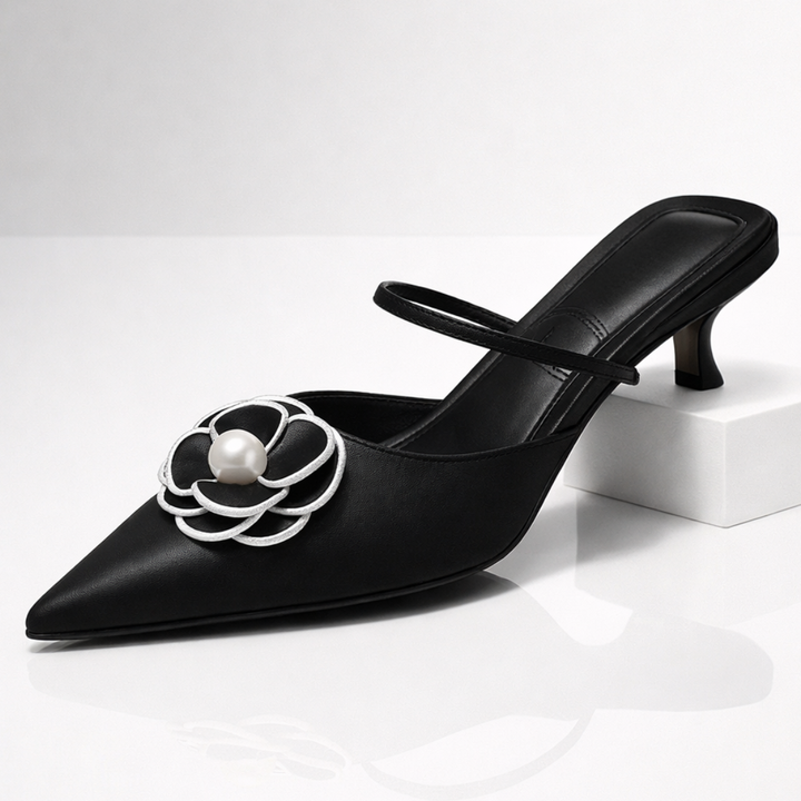 Damen Slingback-Schuh mit niedrigem Absatz und applizierter Blume - Vivienne