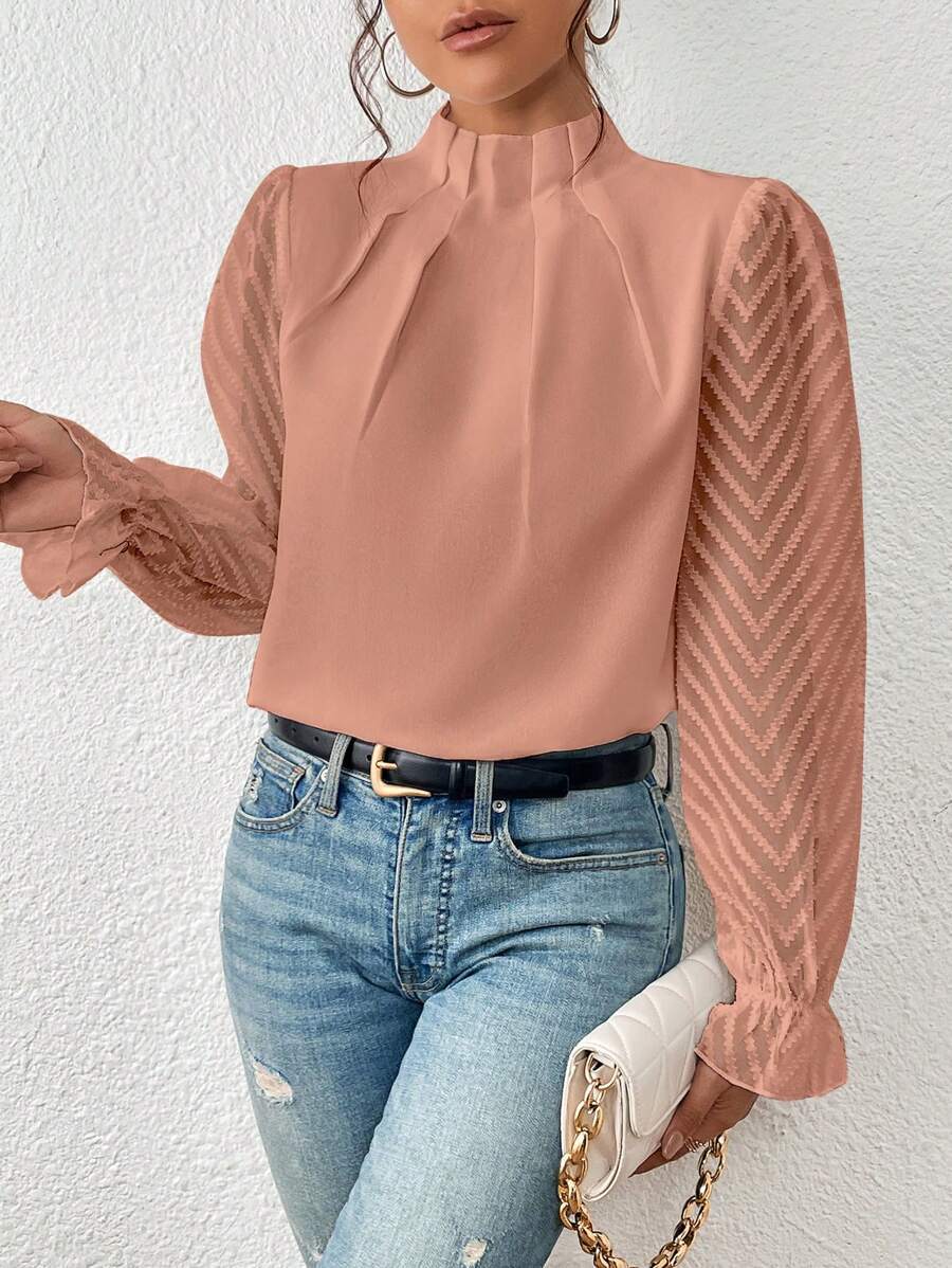 Damen Rollkragenbluse gerüschte Ärmel elegant - Elyra