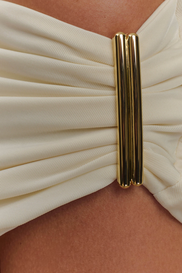 Schulterfreies, tailliertes Damen-Top mit Metallic-Detail - Kinsley