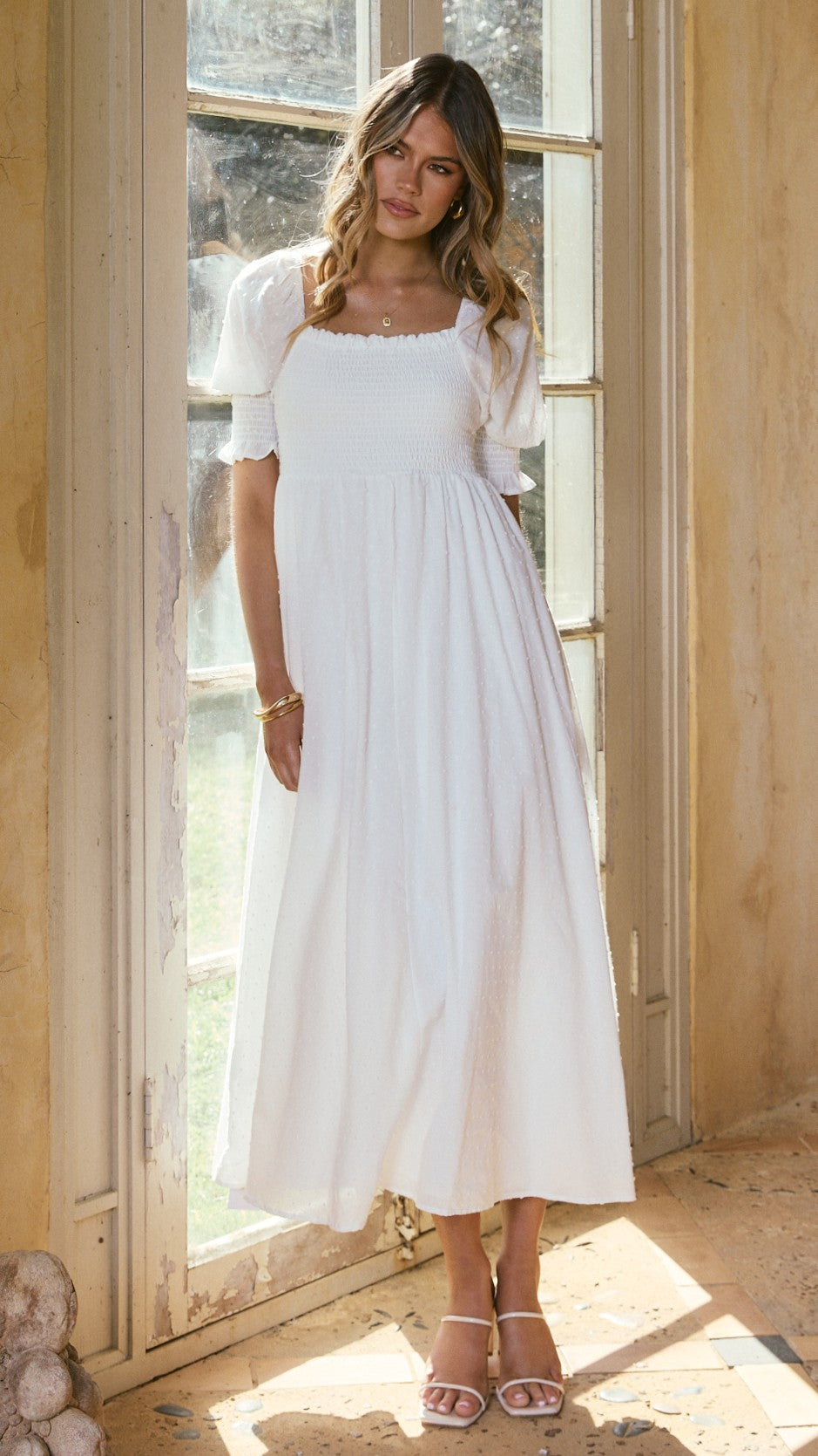 Weißes Midi-Kleid mit freien Schultern für Damen – Renata