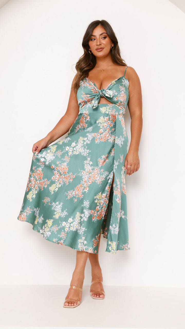 Midi-Kleid mit Blumenmuster und geknotetem Ausschnitt für Damen – Loisa