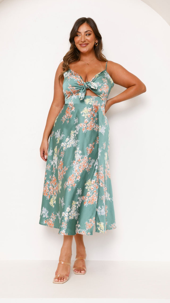 Midi-Kleid mit Blumenmuster und geknotetem Ausschnitt für Damen – Loisa