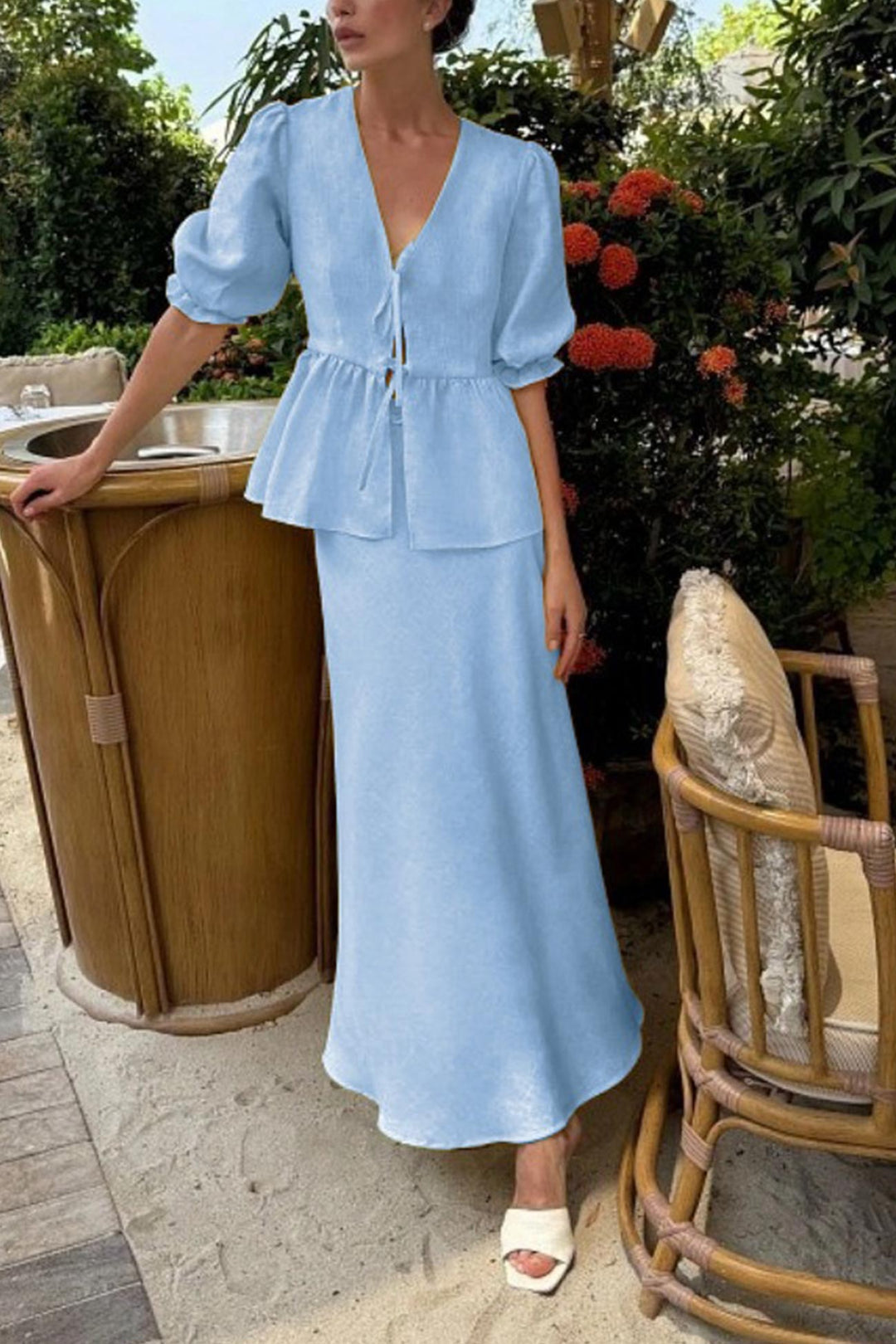 Damenset aus Bluse mit Puffärmeln und langem Rock - Emilia