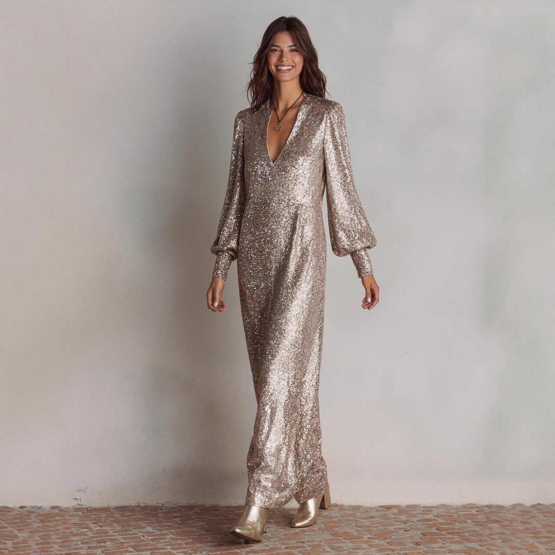 Damen Paillettenkleid lang fließend Seitenschlitz - Annelise
