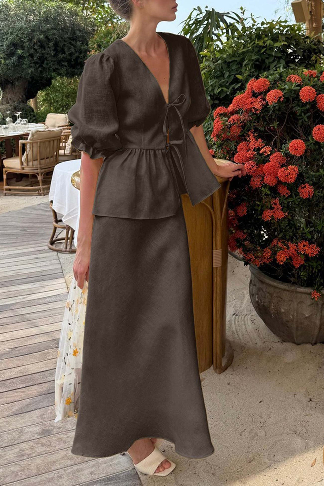 Damenset aus Bluse mit Puffärmeln und langem Rock - Emilia