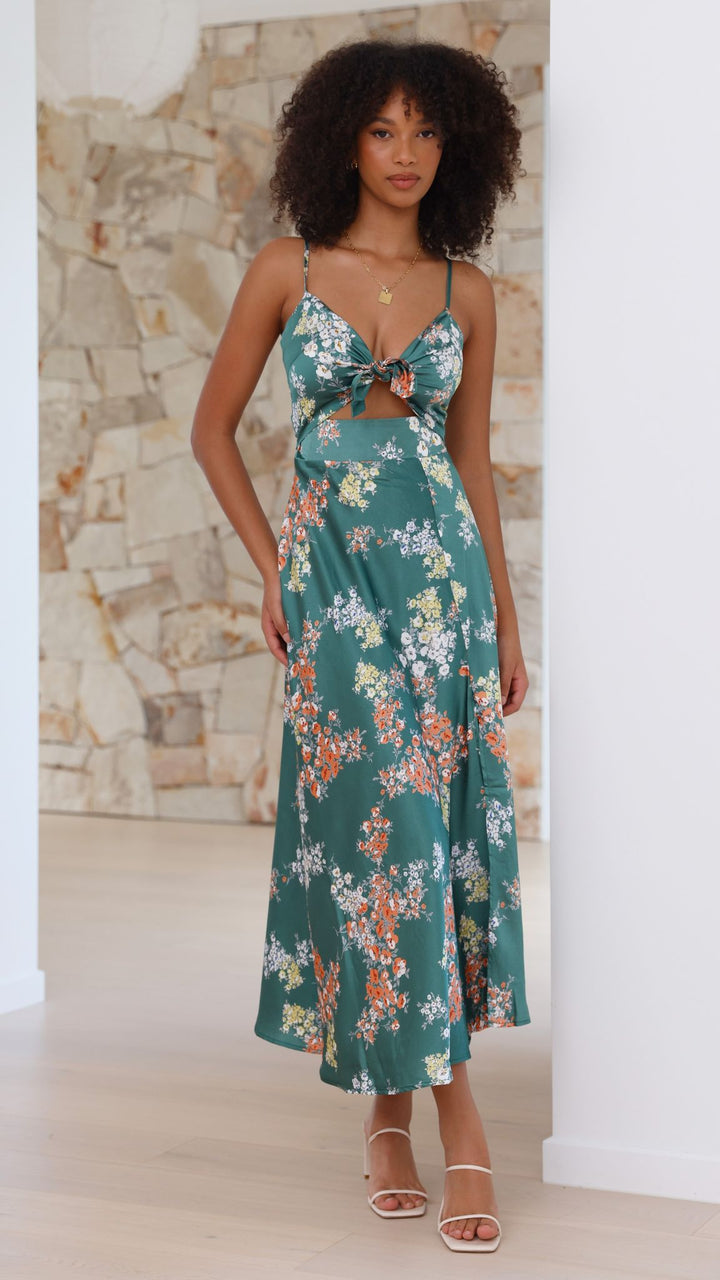 Midi-Kleid mit Blumenmuster und geknotetem Ausschnitt für Damen – Loisa