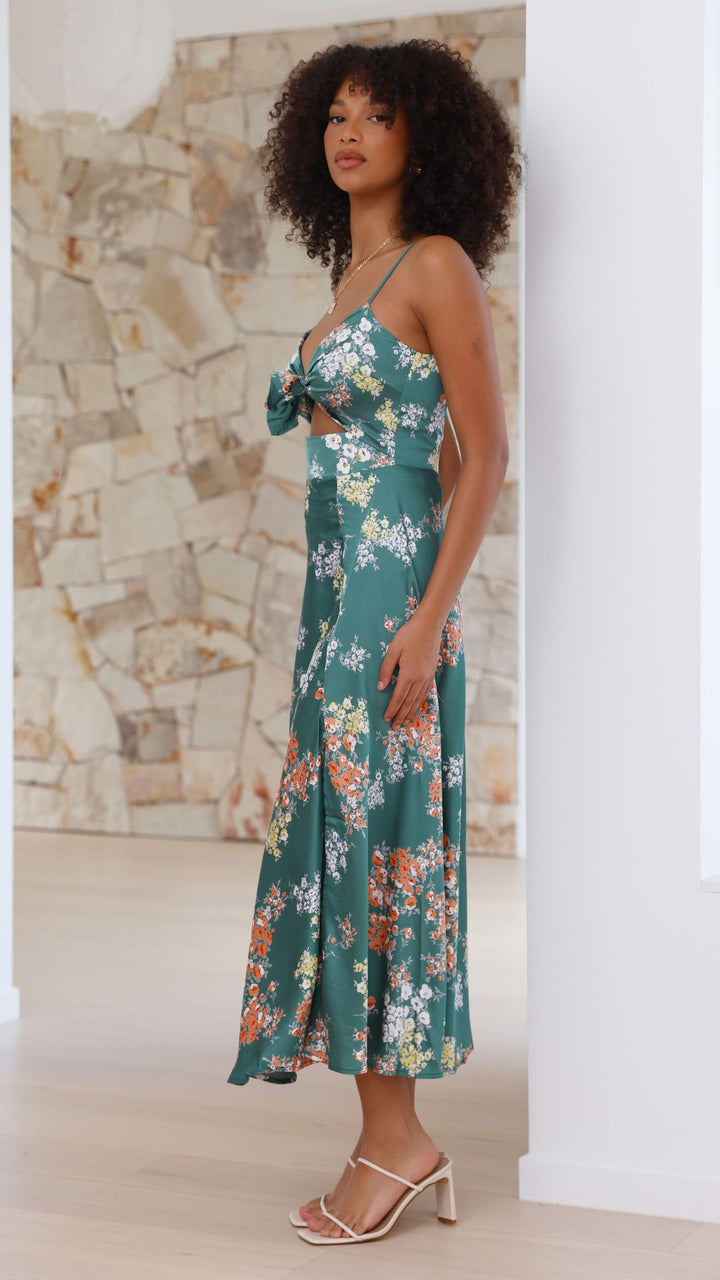 Midi-Kleid mit Blumenmuster und geknotetem Ausschnitt für Damen – Loisa