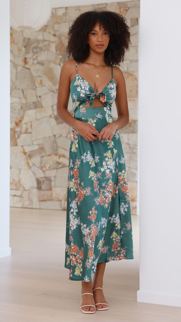 Midi-Kleid mit Blumenmuster und geknotetem Ausschnitt für Damen – Loisa