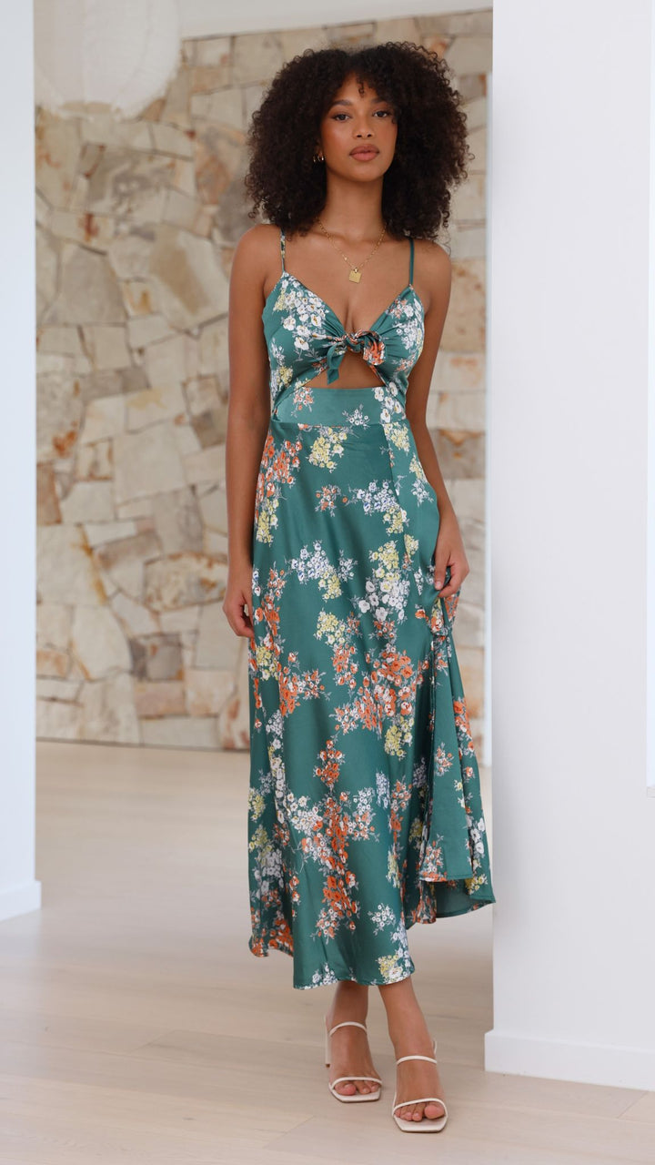 Midi-Kleid mit Blumenmuster und geknotetem Ausschnitt für Damen – Loisa