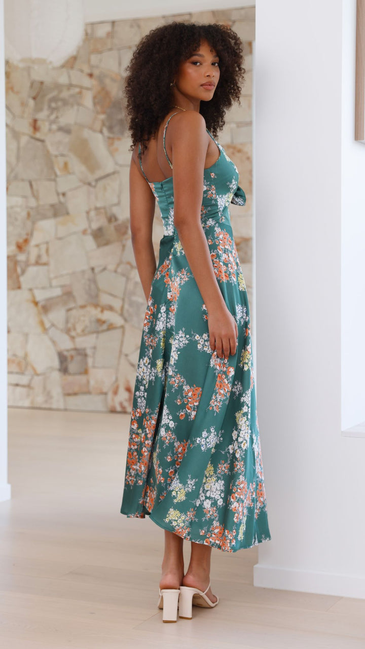 Midi-Kleid mit Blumenmuster und geknotetem Ausschnitt für Damen – Loisa