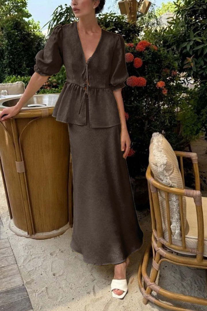 Damenset aus Bluse mit Puffärmeln und langem Rock - Emilia