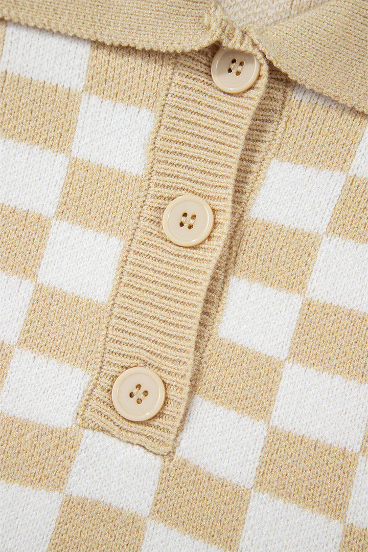 Aude - Karierter V-Ausschnitt Pullover mit Knöpfen und hängenden Schultern