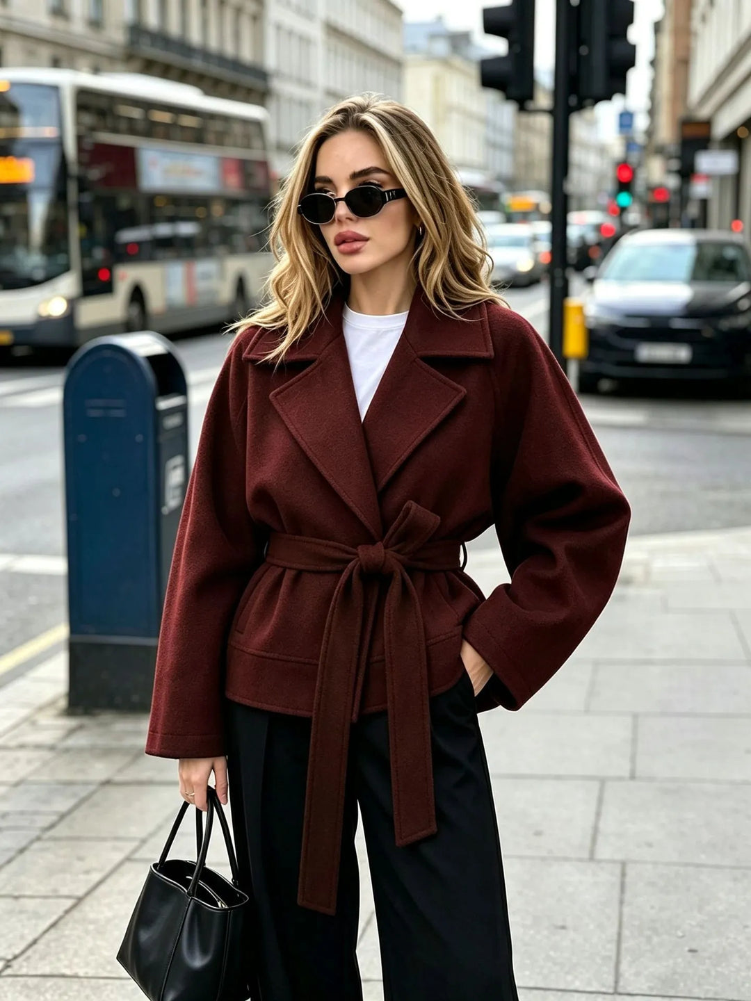 Kurze Tuchjacke mit Gürtel und Revers - Calina