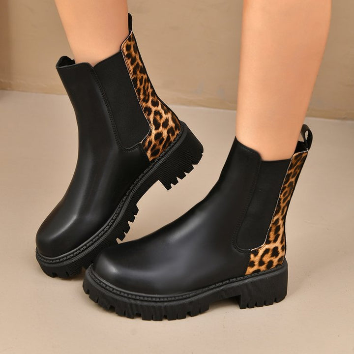 Halbhohe Damenstiefel mit dicker Sohle und kombiniertem Effekt - Elvira