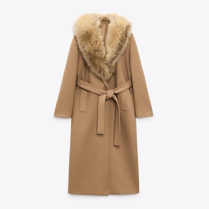 Langer Damenmantel mit Wickelkragen und überkreuztem Verschluss - Eirlys