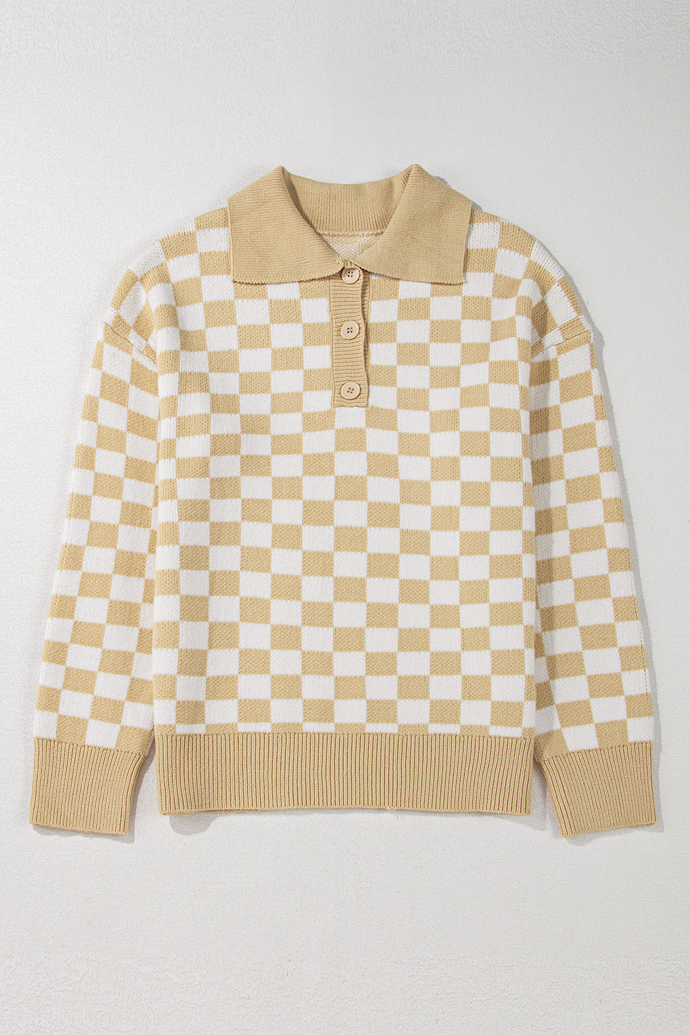 Aude - Karierter V-Ausschnitt Pullover mit Knöpfen und hängenden Schultern