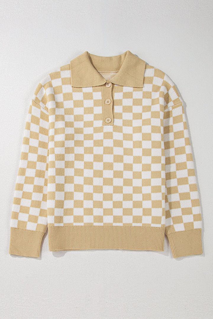 Aude - Karierter V-Ausschnitt Pullover mit Knöpfen und hängenden Schultern