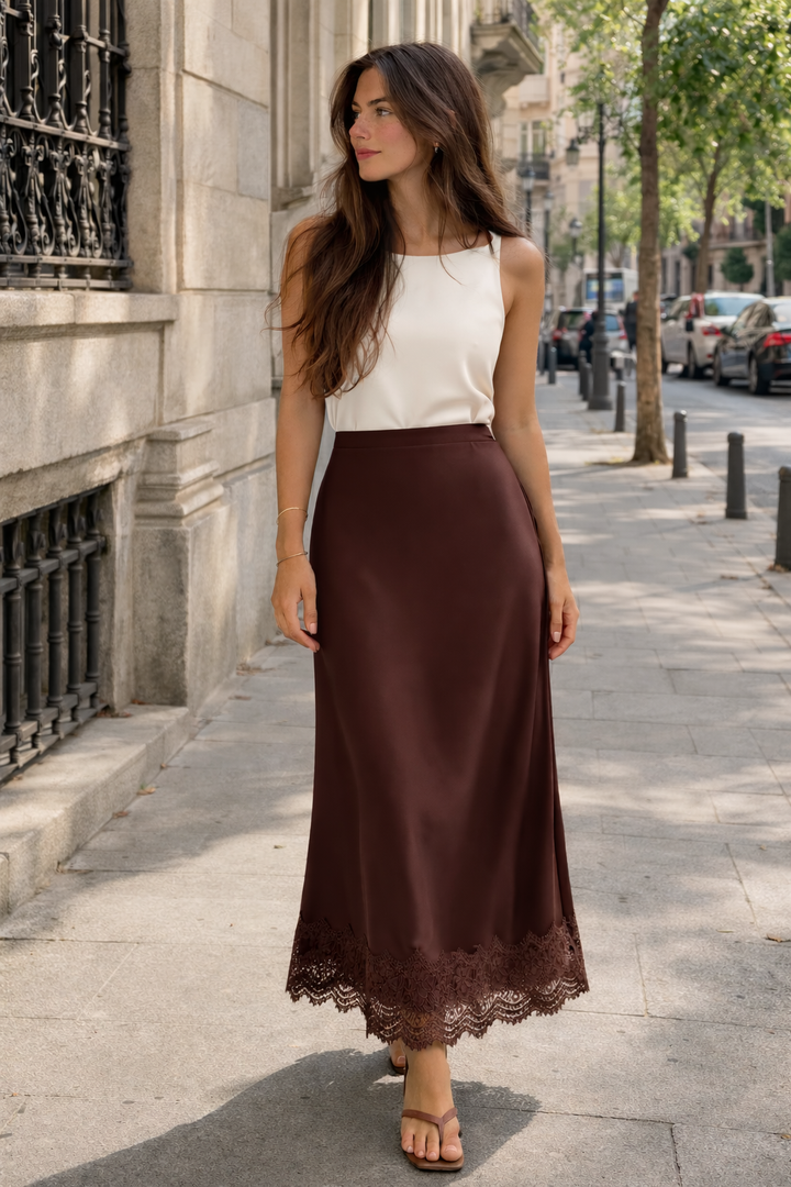 Damen Maxirock schlichtes Finish Spitze Detail eleganter Stil - Mireya
