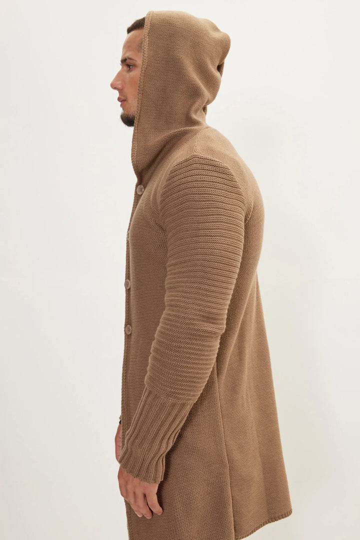 Langer Strickcardigan mit Kapuze und Knöpfen – Baptiste