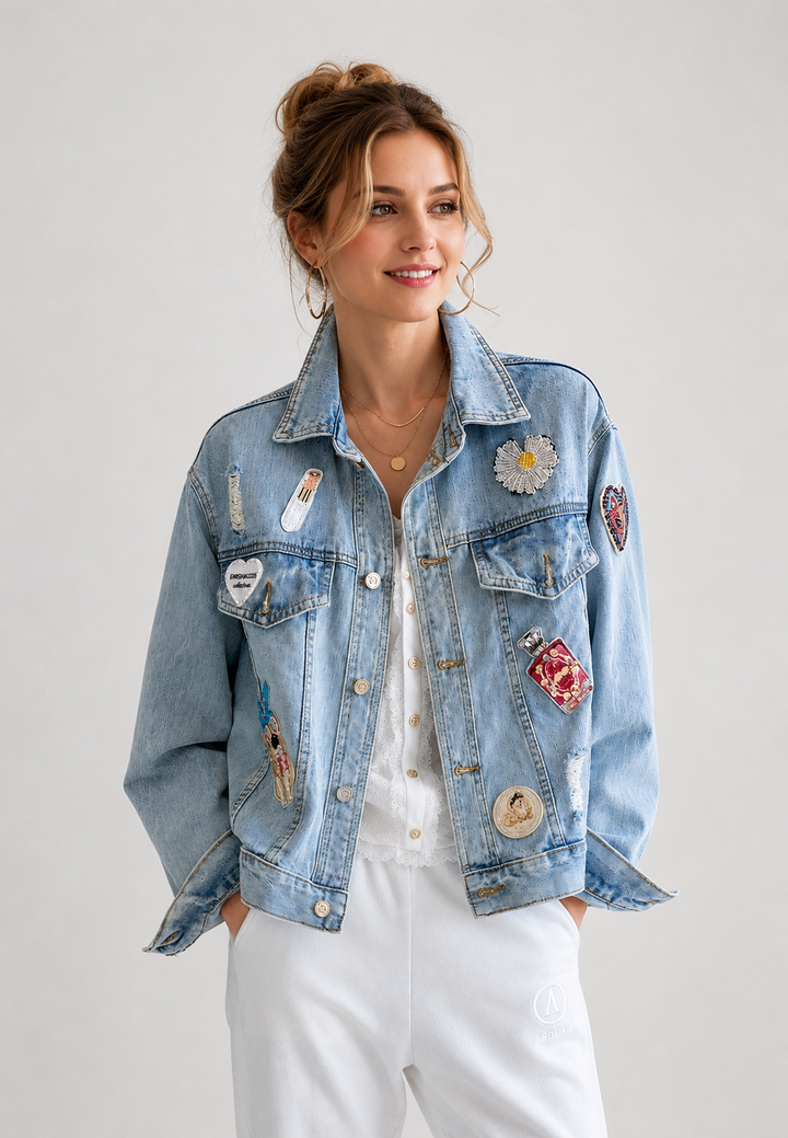 Kurze Jeansjacke für Damen mit Aufnähern im Washed-Look – Odette