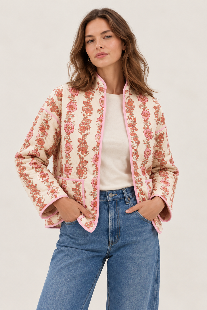 Damen Steppjacke mit Stehkragen, Blumenmuster und Besatz - Ludovica