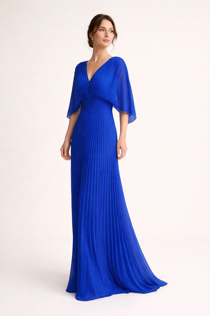 Langes plissiertes Damenkleid mit kurzen Ärmeln und elegantem V-Ausschnitt - Norevia