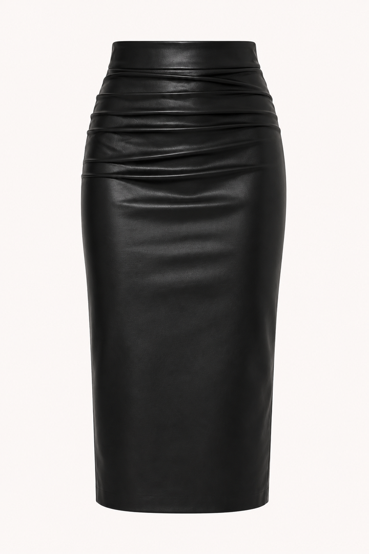 PU-Midirock für Damen mit hoher Taille und Raffung – Siglinde