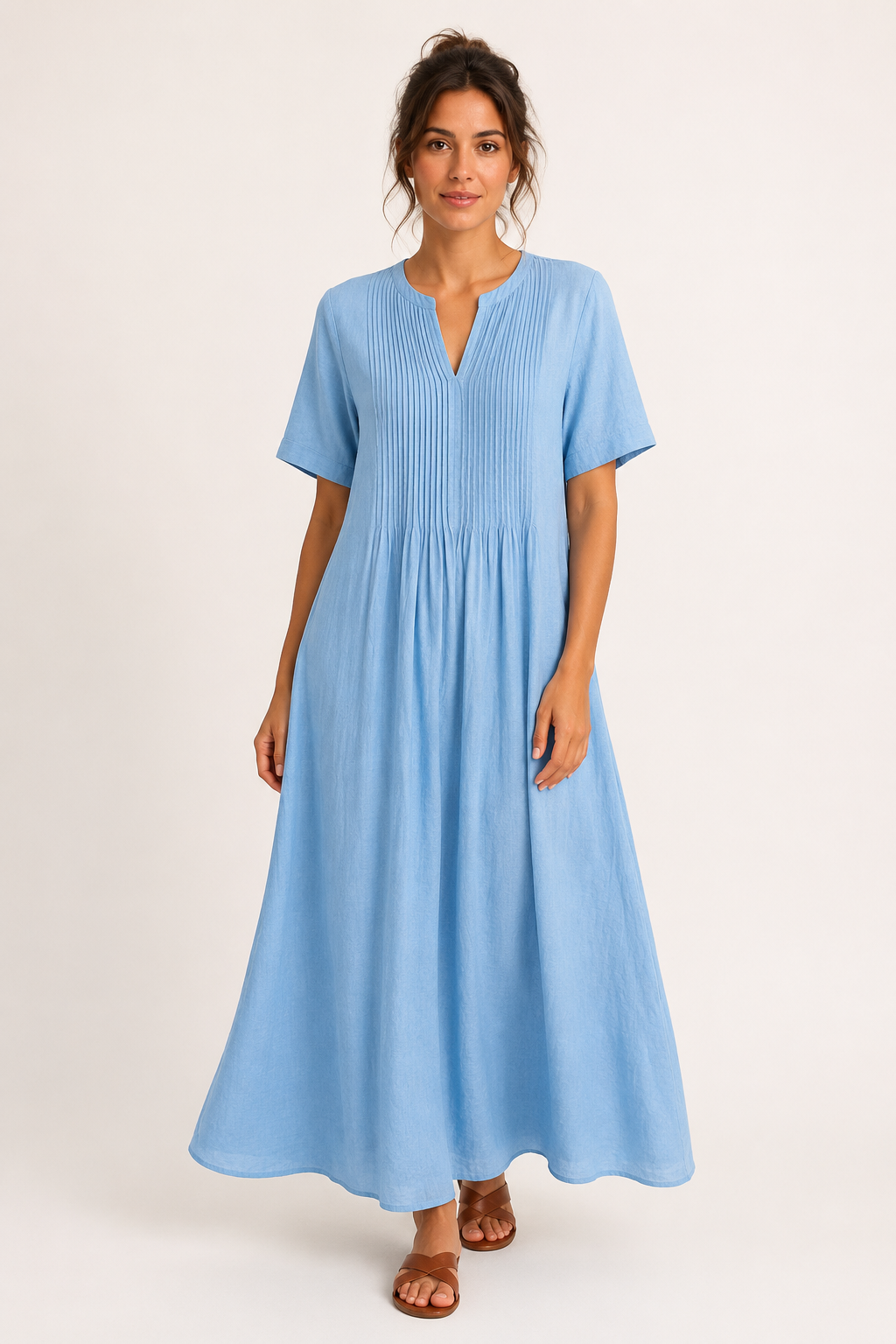 Langes Damenkleid mit V-Ausschnitt, kurzen Ärmeln, Falten und Taschen – Eilika