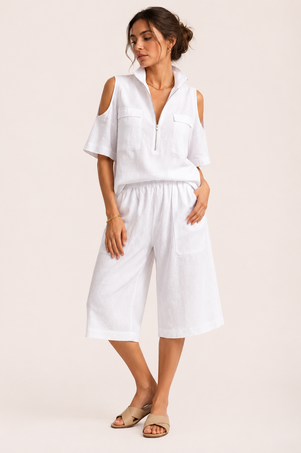 Damen-Set aus einer Bluse mit offenen Schultern und einer weiten Hose – Irmela