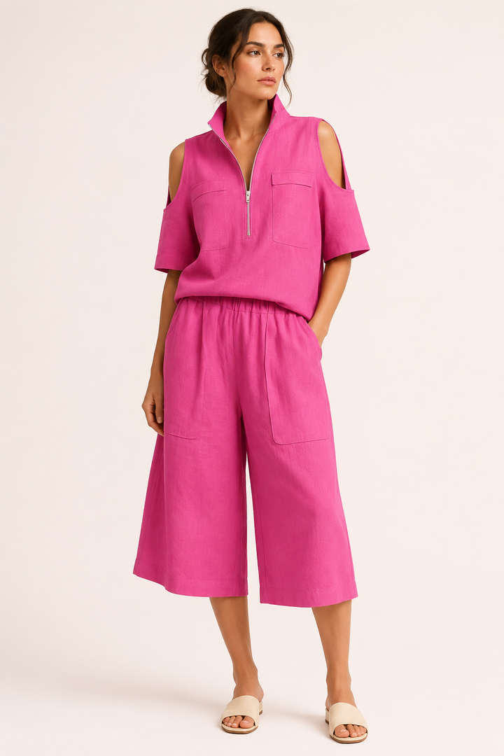 Damen-Set aus einer Bluse mit offenen Schultern und einer weiten Hose – Irmela