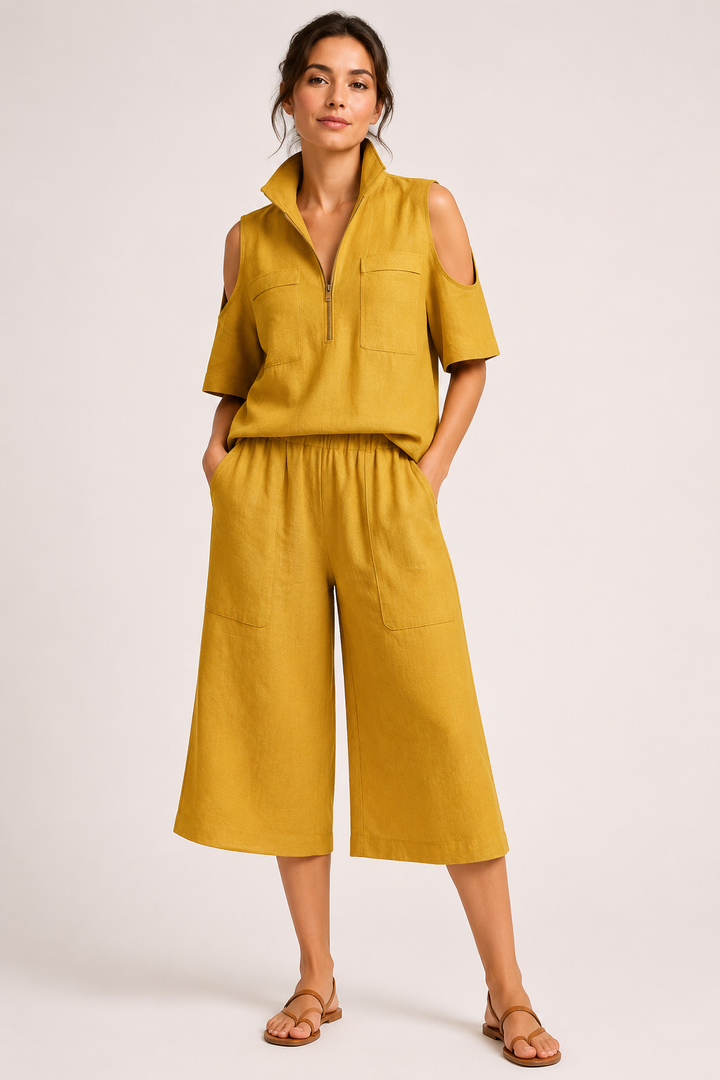 Damen-Set aus einer Bluse mit offenen Schultern und einer weiten Hose – Irmela