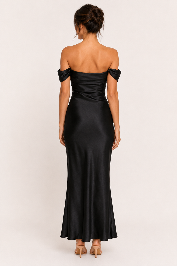 Langes Damenkleid mit Bardot-Ausschnitt und freien Schultern – Wendela