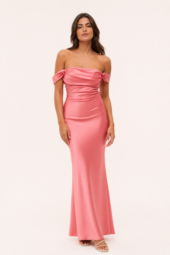 Langes Damenkleid mit Bardot-Ausschnitt und freien Schultern – Wendela