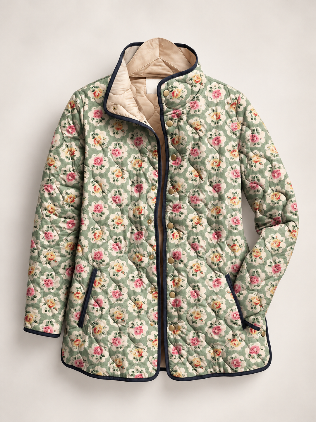 Steppjacke für Damen mit Blumenmuster und kontrastfarbenen Paspeln – Lainey