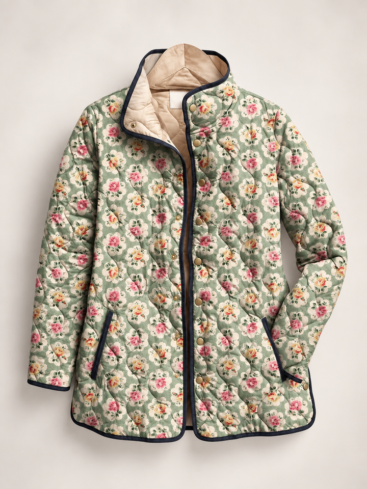 Steppjacke für Damen mit Blumenmuster und kontrastfarbenen Paspeln – Lainey