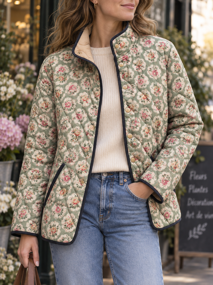 Steppjacke für Damen mit Blumenmuster und kontrastfarbenen Paspeln – Lainey