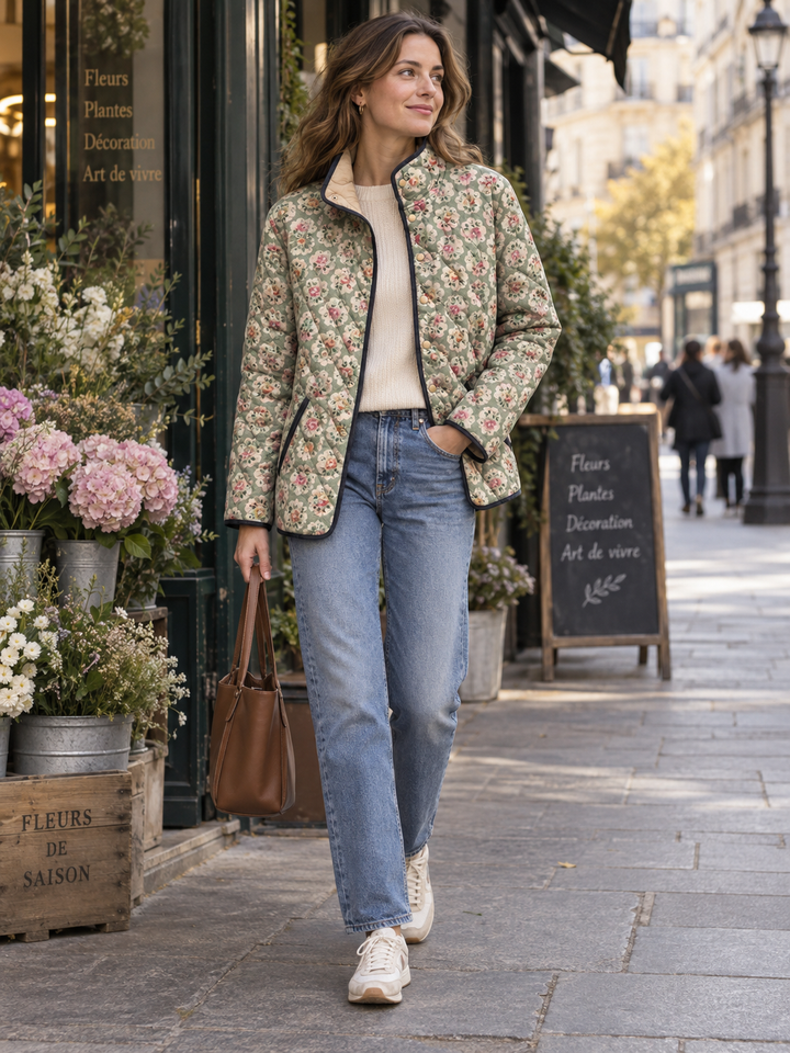 Steppjacke für Damen mit Blumenmuster und kontrastfarbenen Paspeln – Lainey