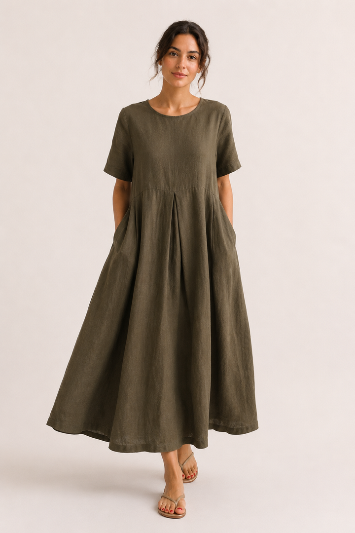 Langes Oversize-Kleid für Damen mit kurzen Ärmeln und Taschen – Gesine