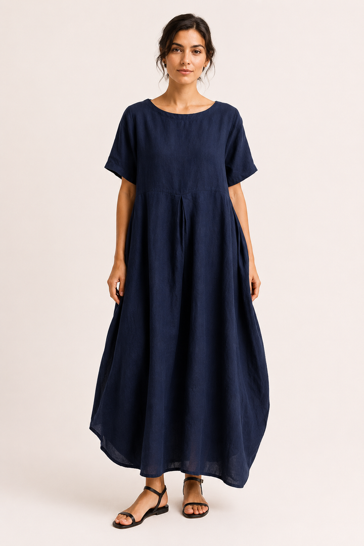 Langes Oversize-Kleid für Damen mit kurzen Ärmeln und Taschen – Gesine