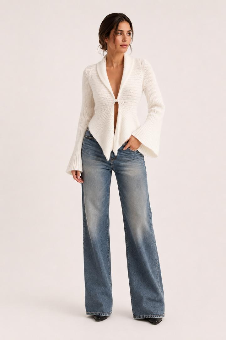 Damen-Strickcardigan mit V-Ausschnitt und ausgestelltem Ärmel – Gundula