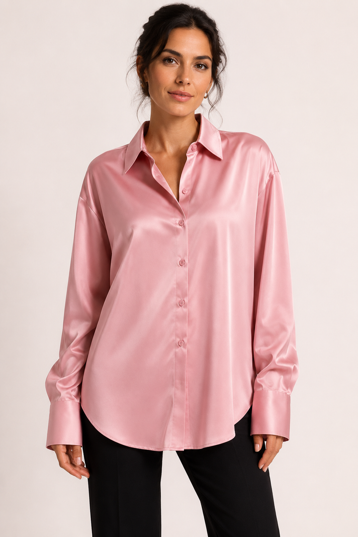Satin-Bluse für Damen mit langen Ärmeln und Knopfleiste vorne – Hannelore