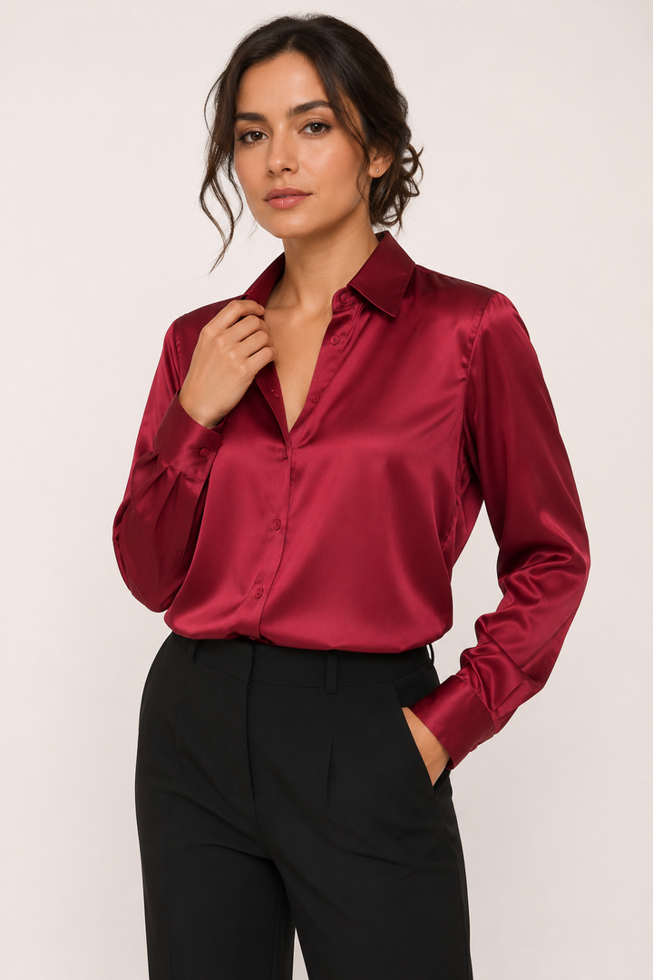Satin-Bluse für Damen mit langen Ärmeln und Knopfleiste vorne – Hannelore