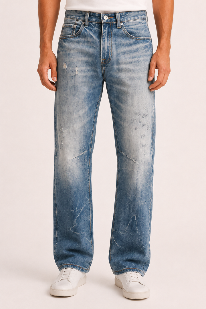 Herrenjeans mit geradem Bein, Waschoptik und Abnutzungsspuren – Wigbert