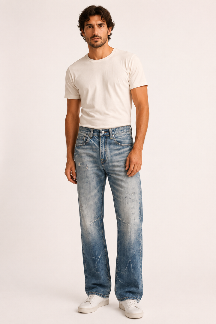 Herrenjeans mit geradem Bein, Waschoptik und Abnutzungsspuren – Wigbert