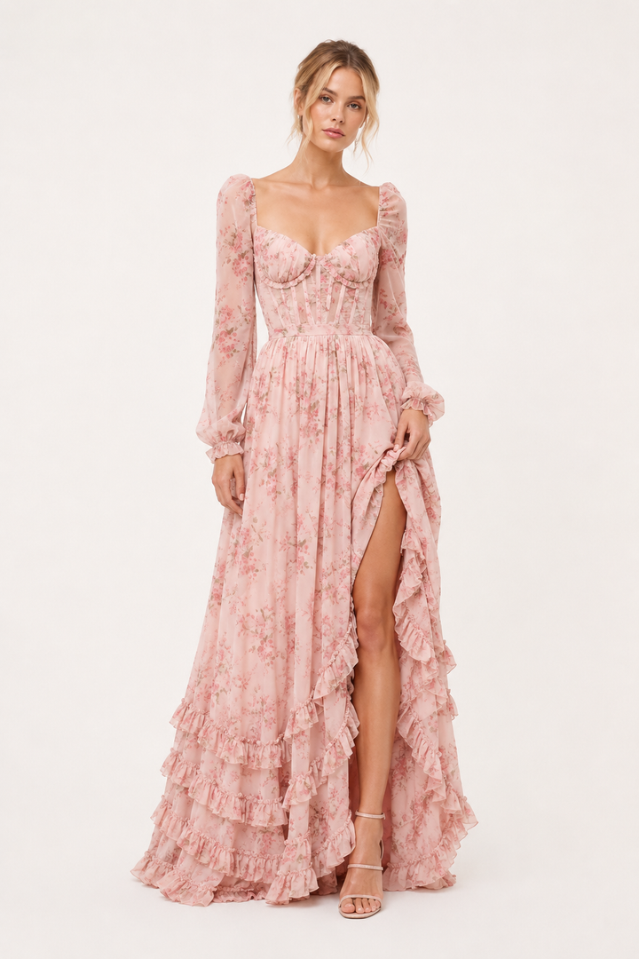 Langes elegantes geblümtes langärmeliges Kleid für Frauen - Romy