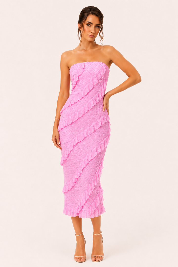 Trägerloses Midikleid für Damen mit Rüschen - Yina